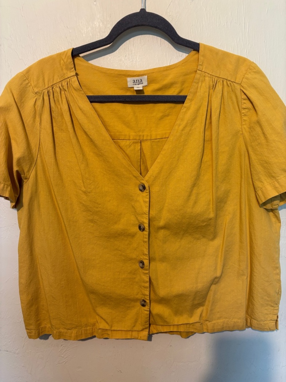 a.n.a Mustard Button-Front Short Sleeve Blouse